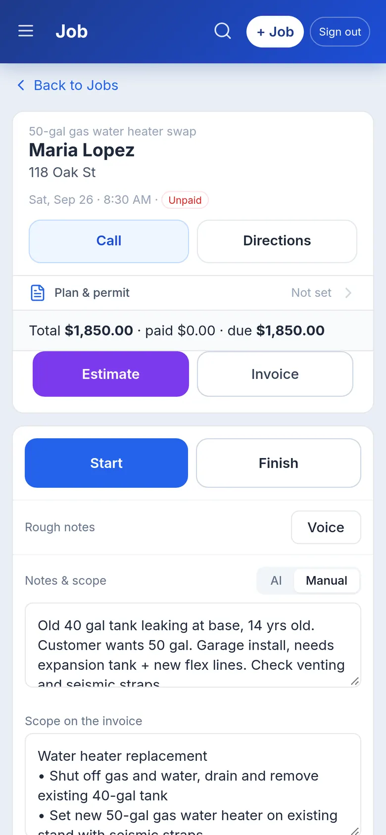 CrewLayout job screen for a 50-gallon gas water heater swap: customer, address, total, Estimate and Invoice buttons, rough notes and the scope for the invoice