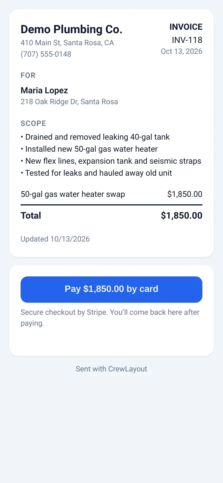 CrewLayout customer invoice for a $1,850.00 water heater swap with a Pay $1,850.00 by card button, secure checkout by Stripe